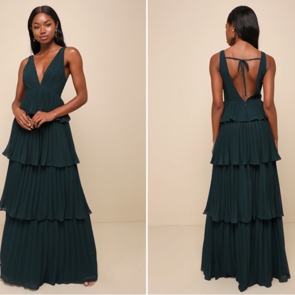 LULU's Prom Wedding Bridesmaid Pleated Tiered Boho Sexy FLowy Ruffles Maxi Dress - Picture 1 of 3